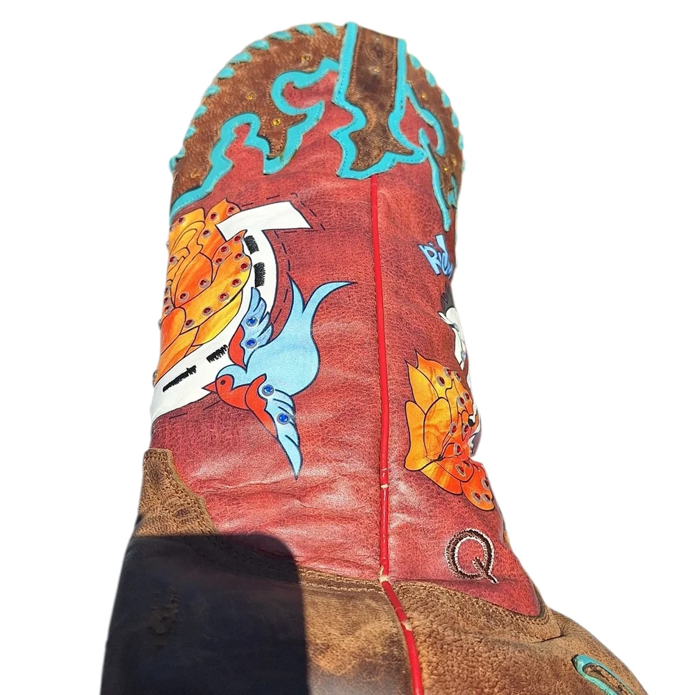 Ariat Quincy Bronco Boots Billie Red 7.5 Painted Cowgirl Western Cowboy Rare - Picture 6 of 15